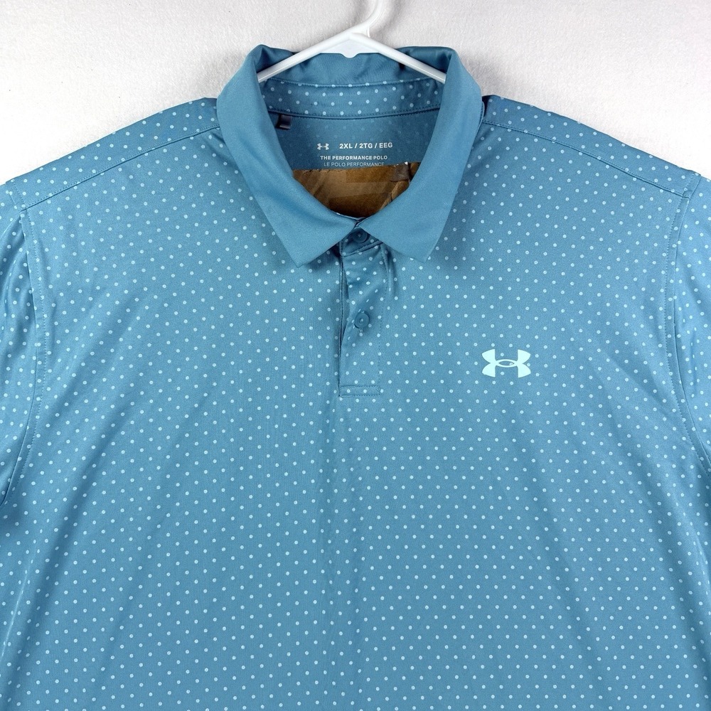 Mens Under Armour Performance Polo Shirt Polka Dot Blue Size 2XL Heat Gear Golf - Picture 4 of 7